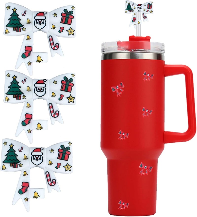 HIUSITY Christmas Bow Straw Cover Topper for Stanley Cup,Silicone Straw Toppers for Tumbler with Handle 40oz,Cute 10mm/0.4in Straws Covers Cap,Reusable Straws Lid for Stanley Cups Accessories,3Pcs Whi - Image 1